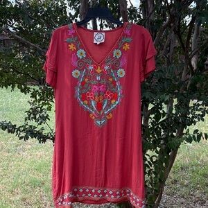 Vibrant Red Floral Embroidered Tunic